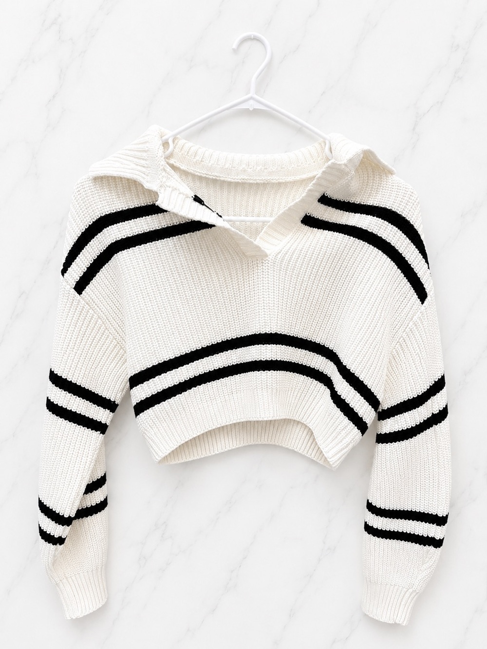 White Black Striped Cropped Knit Sweater Collared V Neck Polo Pullover | Small